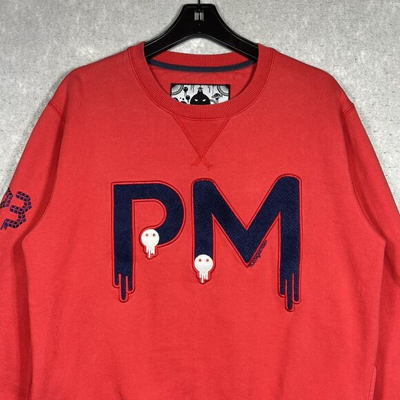 PlayMonster Sweatshirt Crewneck Men XL Red Pullover Embroidered Skulls - Picture 2 of 14